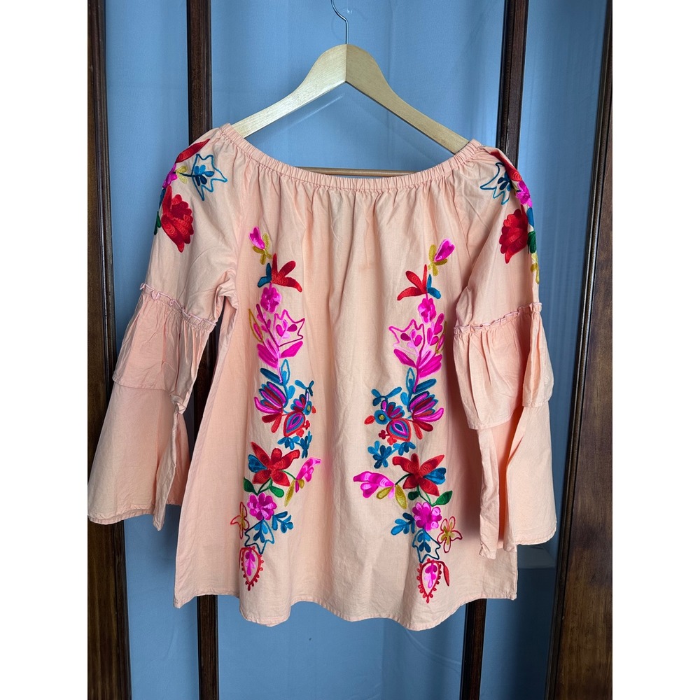 Antthony Original Embroidered Off Shoulder Ruffle Sleeve Top L Boho Peasant